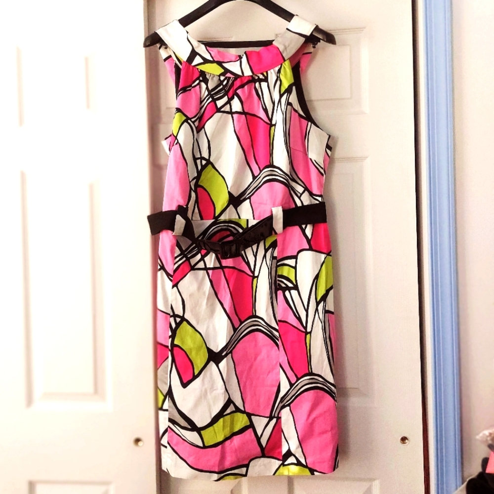 Sleeveless dress pink/green/white,AKA, back zipper with collar design, belt 18